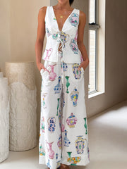 Blue And White Porcelain Vase Print Top And Pants Suit