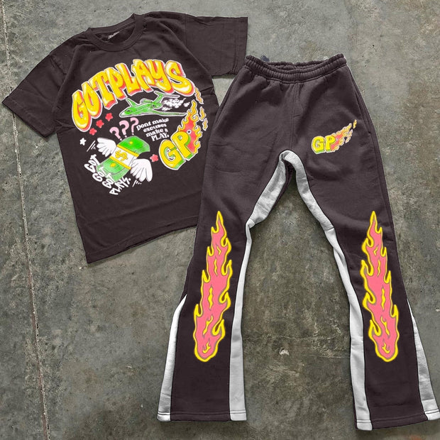 Flame Letters Print T-Shirt Trousers Two-Piece Set