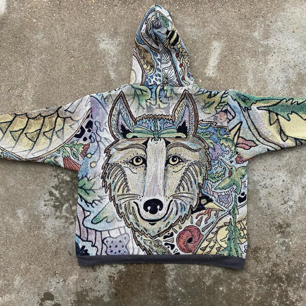 Vintage Fashion Wolf Print Long Sleeve Loose Hoodie