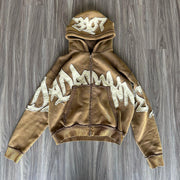 Stylish zippered hoodie with statement patches