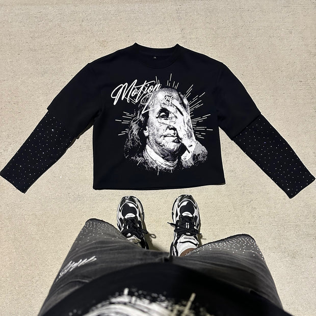 Blinded by money casual street stitching long-sleeved T-shirt