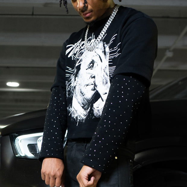 Blinded by money casual street stitching long-sleeved T-shirt