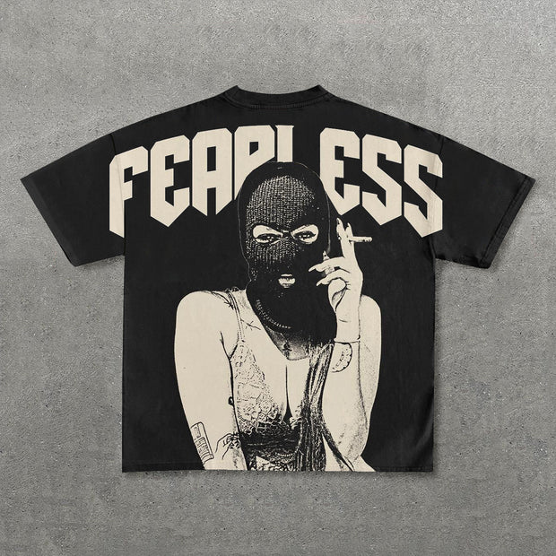 Fearless Mask Girl Print Short Sleeve T-Shirt