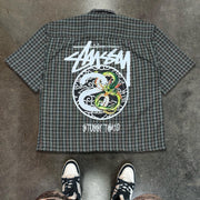 Fashion Dragon Plaid Print Button Short Sleeve Shirt