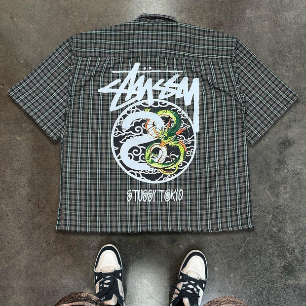 Fashion Dragon Plaid Print Button Short Sleeve Shirt
