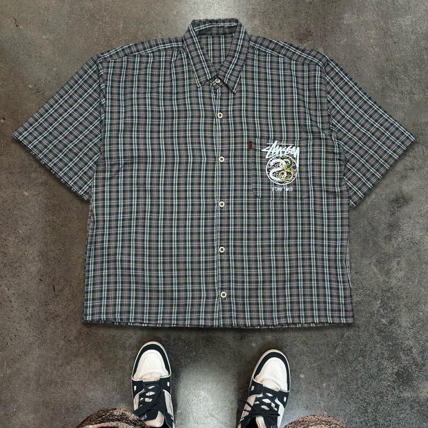 Fashion Dragon Plaid Print Button Short Sleeve Shirt