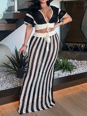Sexy V-neck Hollow Striped Knitted Long Skirt Suit
