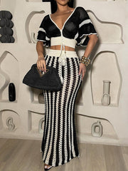 Sexy V-neck Hollow Striped Knitted Long Skirt Suit