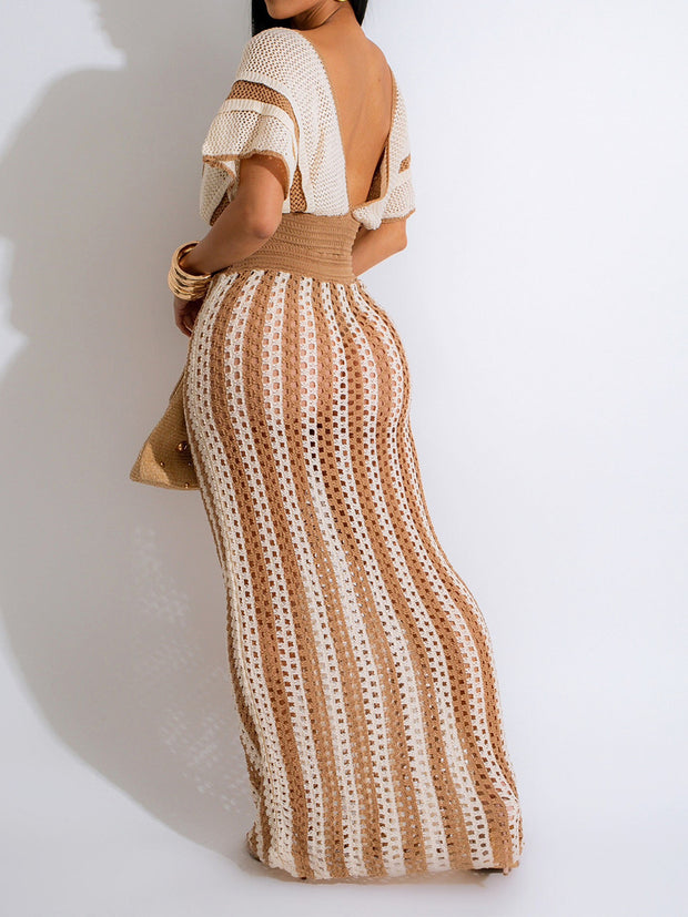 Sexy V-neck Hollow Striped Knitted Long Skirt Suit