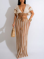 Sexy V-neck Hollow Striped Knitted Long Skirt Suit
