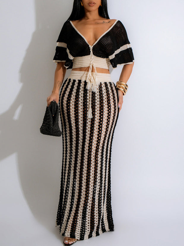 Sexy V-neck Hollow Striped Knitted Long Skirt Suit