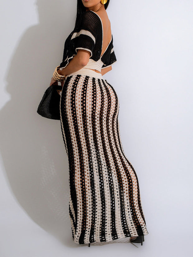 Sexy V-neck Hollow Striped Knitted Long Skirt Suit
