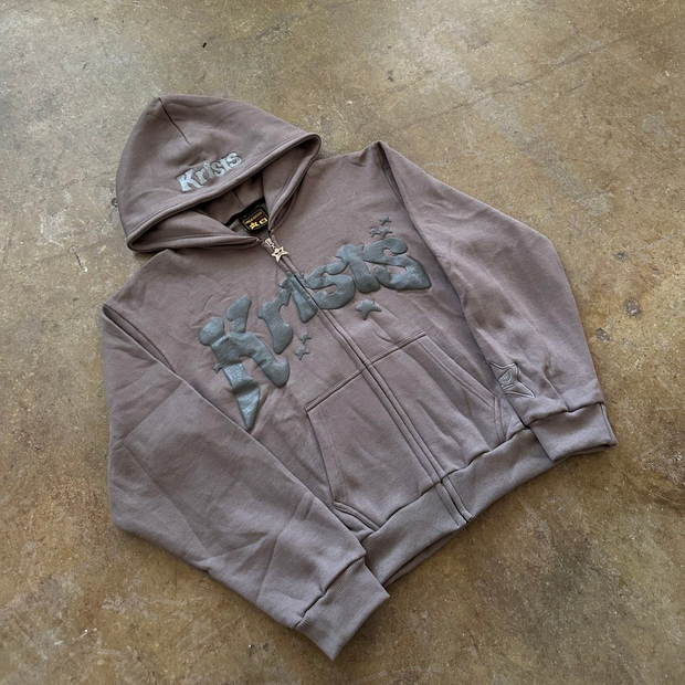 Fashion Preppy Print Zip-Up Hoodie