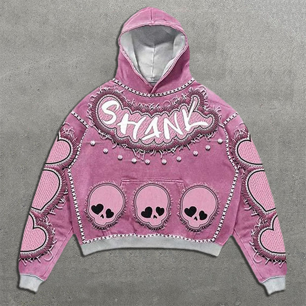 Shank Skull Faux Decal Print Long Sleeve Hoodies