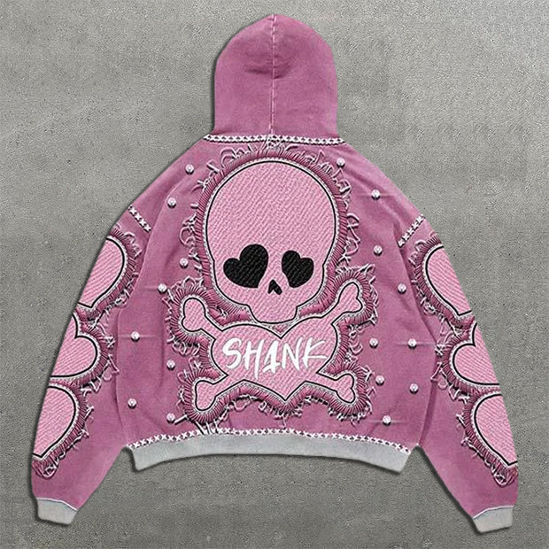 Shank Skull Faux Decal Print Long Sleeve Hoodies