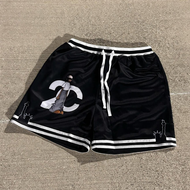 Fashion Contrast Color Print Mesh Drawstring Shorts