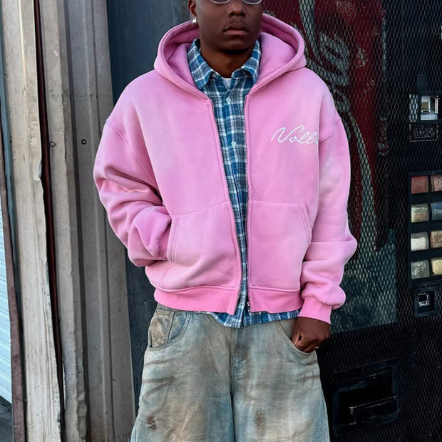 Personalized street style fake two-piece plaid zip-up hoodie