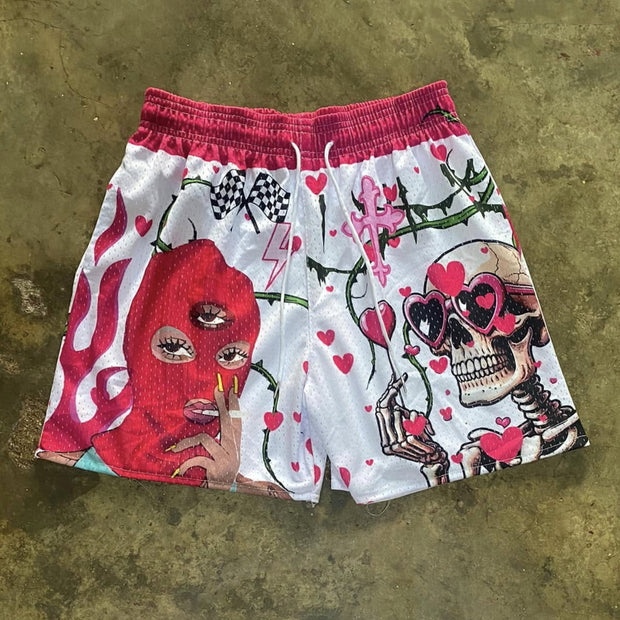 Mask Girl Skull Print Mesh Shorts