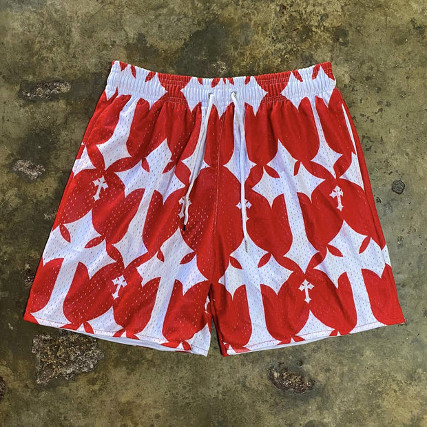 Stylish Cross Design Print Mesh Shorts