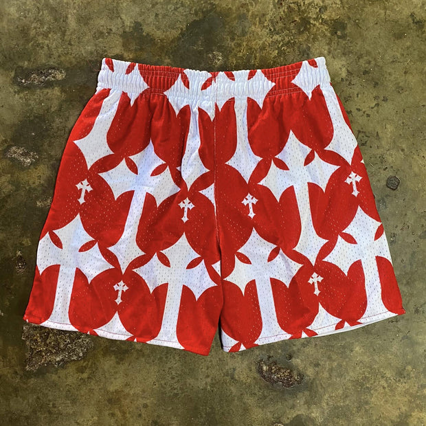 Stylish Cross Design Print Mesh Shorts