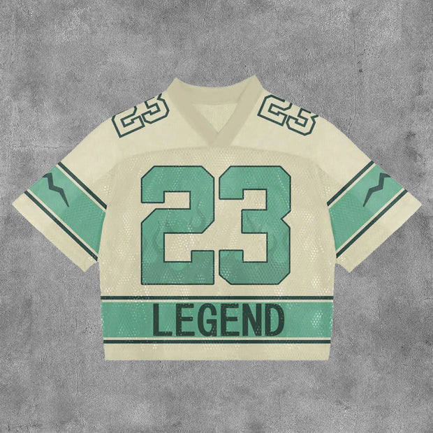 No. 23 Legend Mesh Patchwork Printed V-neck T-shirt