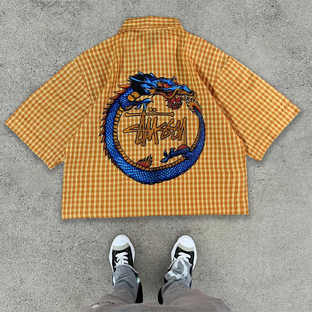 Vintage Plaid Dragon Print Shirt