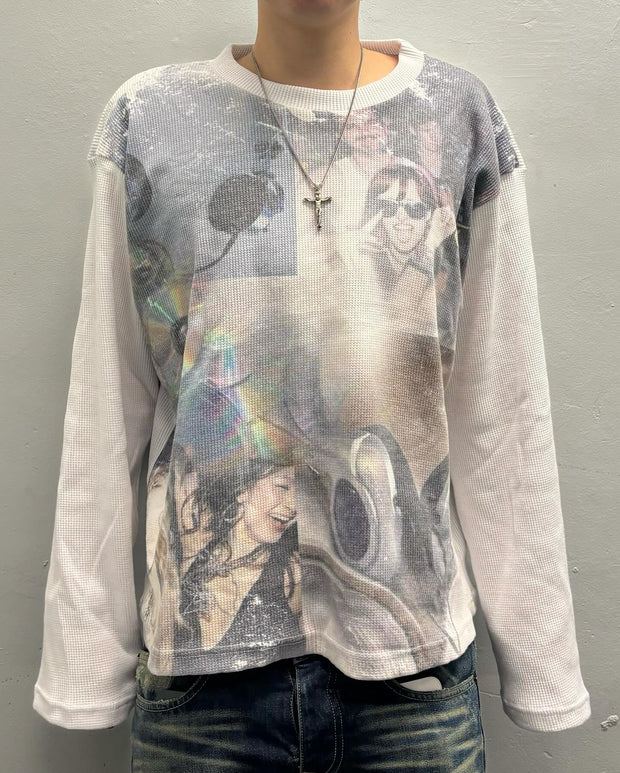 Fashion personality waffle print round neck long sleeve T-shirt