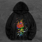 Vintage Flame Rose Print Plush Hoodie