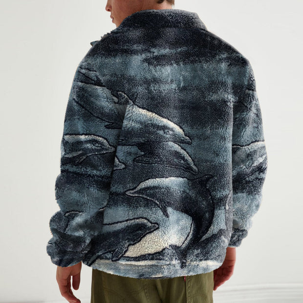 Fashion retro dolphin print polar fleece jacket