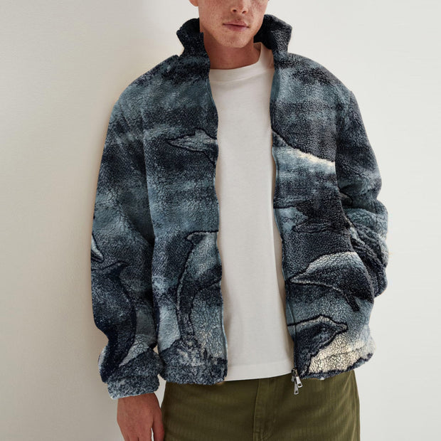 Fashion retro dolphin print polar fleece jacket