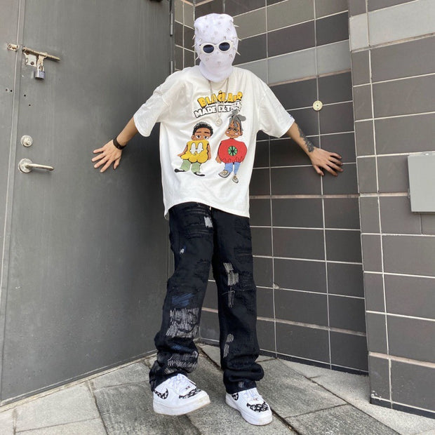 High street hole knife cut jeans men's dark black loose straight black design sense of drape nine-point pants