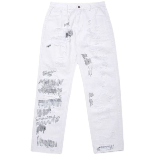 High street hole knife cut jeans men's dark black loose straight black design sense of drape nine-point pants