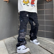 High street hole knife cut jeans men's dark black loose straight black design sense of drape nine-point pants