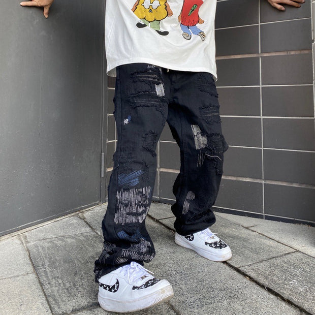 High street hole knife cut jeans men's dark black loose straight black design sense of drape nine-point pants