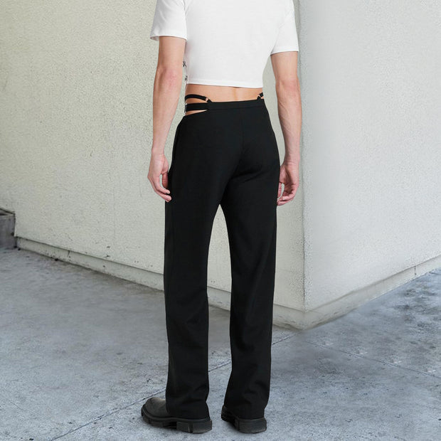 Solid color loose cutout suspender design suit trousers