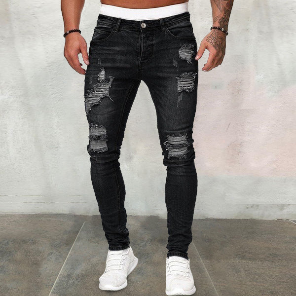Men's ripped ripped white slim denim trousers fashion pencil pants