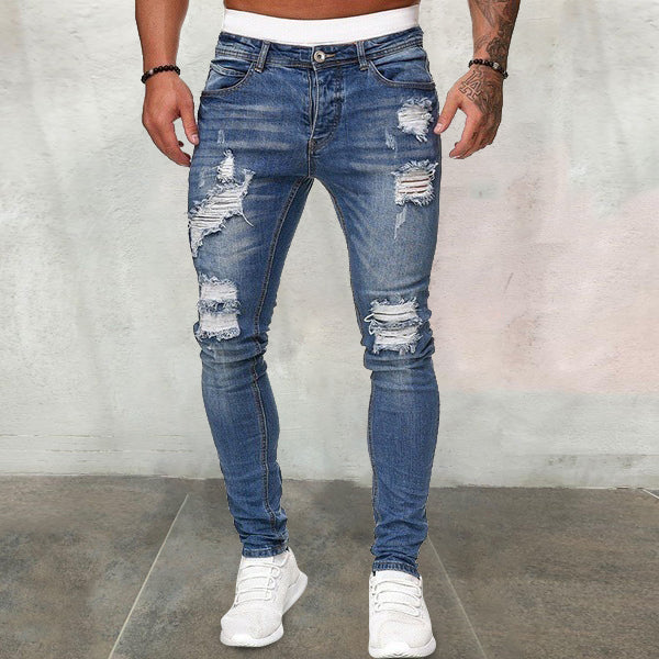 Men's ripped ripped white slim denim trousers fashion pencil pants