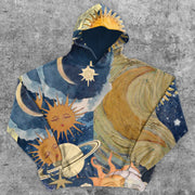 Retro Sun Moon Print Casual Long Sleeve Hoodie