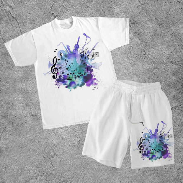 Casual Fashion Music Theme Printed Short Sleeve Suit
