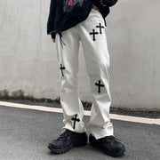 Hip hop street fashion denim cross print trousers
