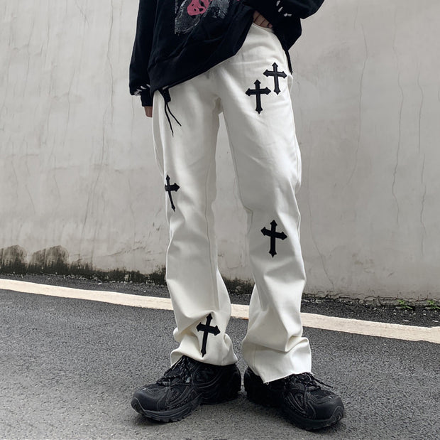 Hip hop street fashion denim cross print trousers