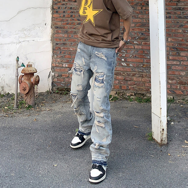 American retro old washed knife cut hole loose micro flared jeans