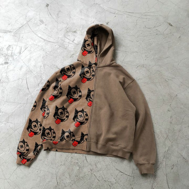 Stitching cartoon print zipper cardigan hoodie