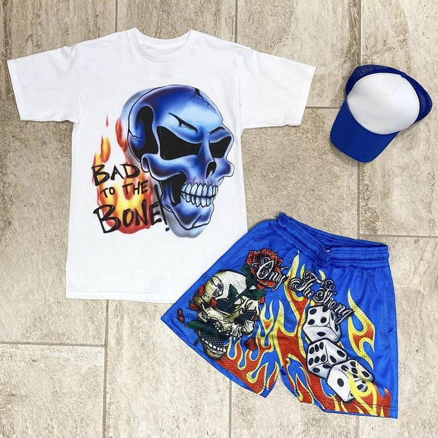 Personalized fashion sports skull print shorts suit