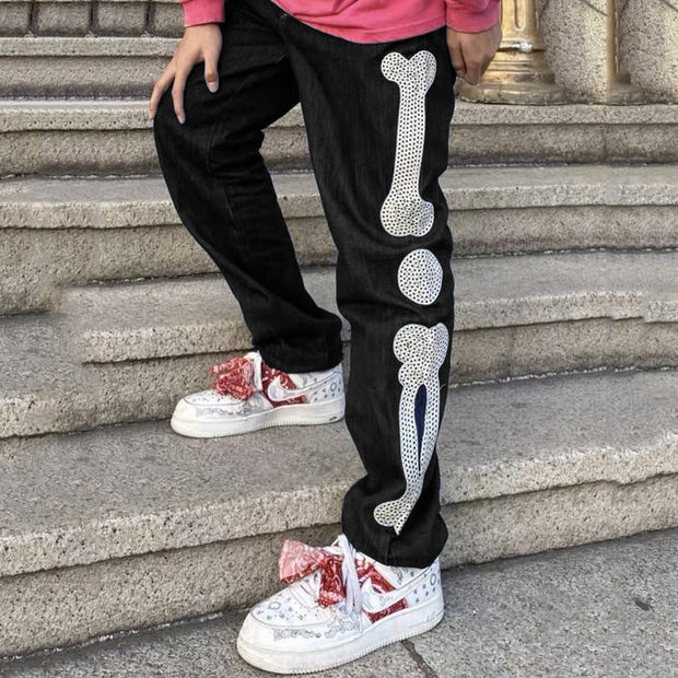 Personalized bone print street style trousers jeans
