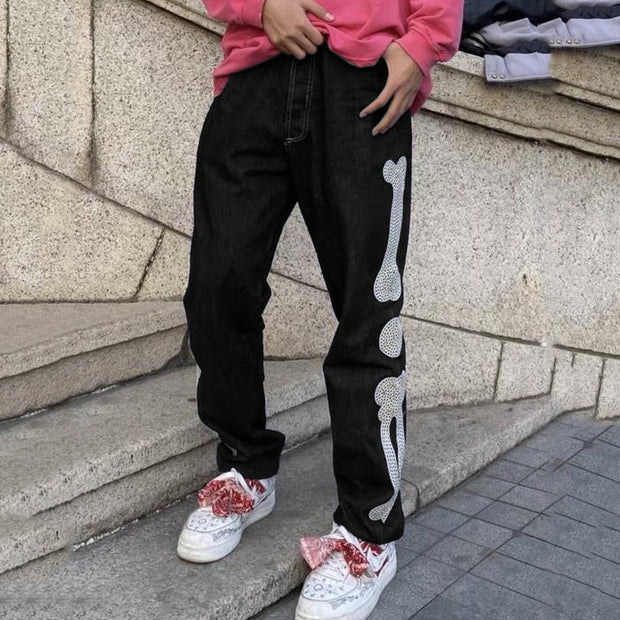 Personalized bone print street style trousers jeans
