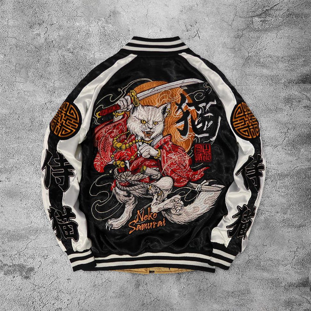 Casual japanese samurai cat outdoor baseball long sleeve jacket