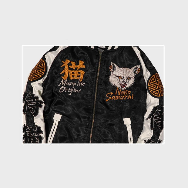 Casual japanese samurai cat outdoor baseball long sleeve jacket