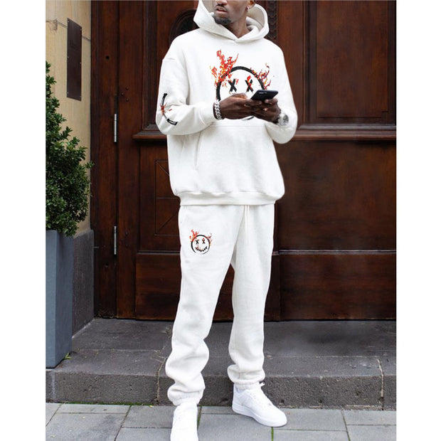 Fashion casual cartoon print sports hooded sweater set