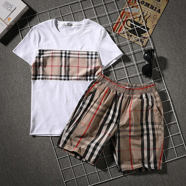 Street plaid try stitching trend shorts short-sleeved t-shirt suit